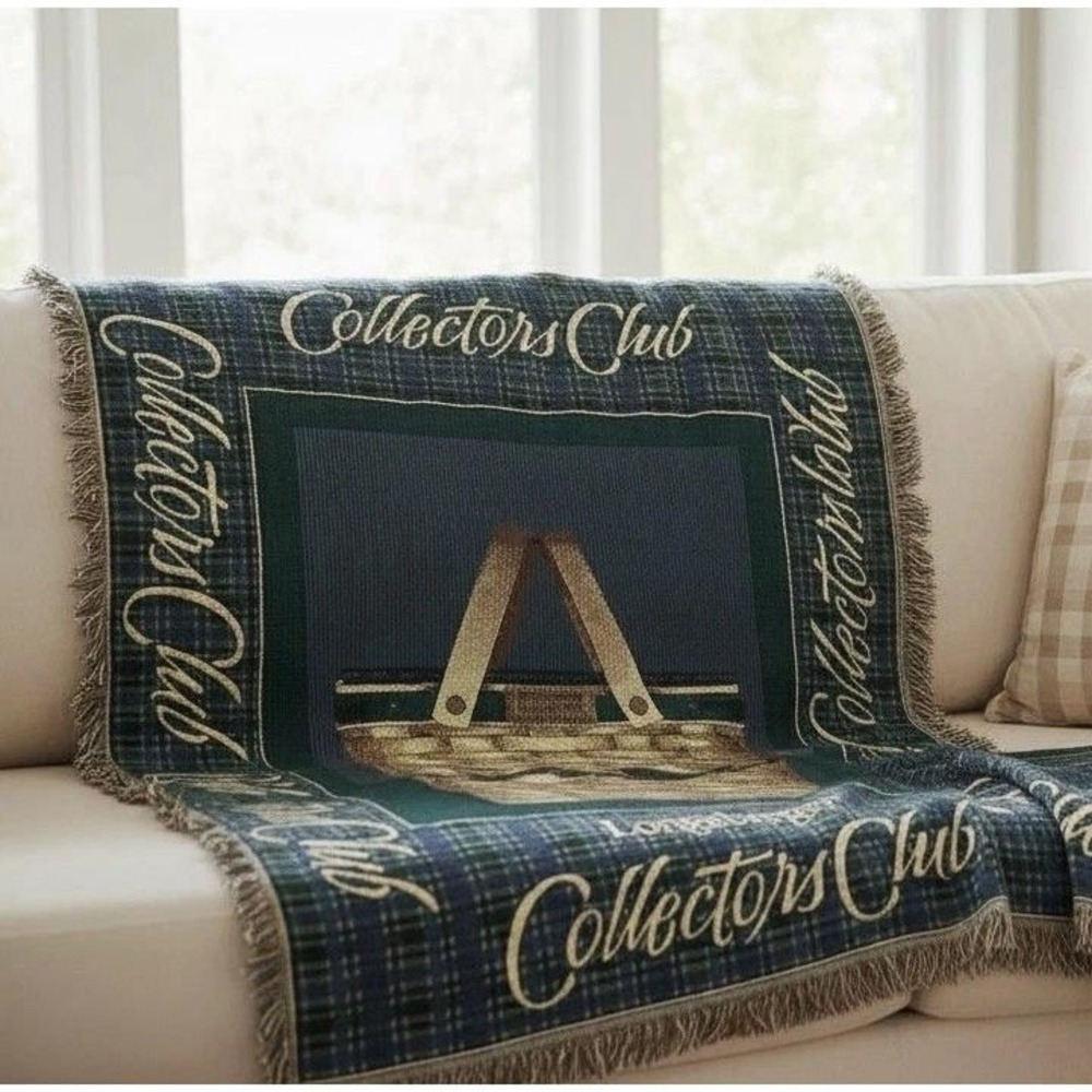 Longaberger Collectors Club Tapestry Throw Blanket Cotton Navy 46" x 67" 1999